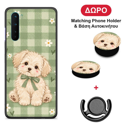 Puppy and Daisies on Sage Gingham - OnePlus Nord 5G θήκη + Δώρο Phone Holder & Βάση Αυτοκινήτου