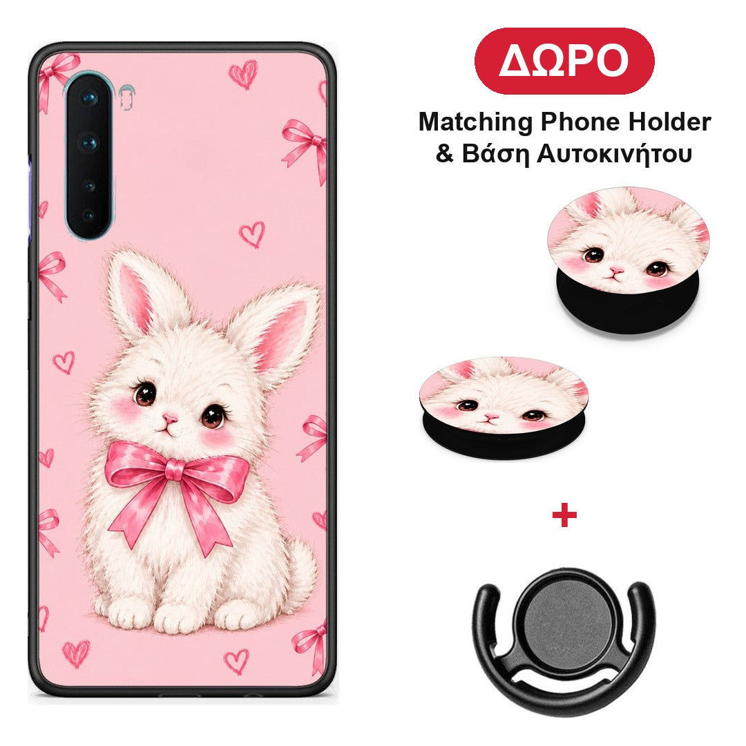 White Bunny and Pink Bows - OnePlus Nord 5G θήκη + Δώρο Phone Holder & Βάση Αυτοκινήτου
