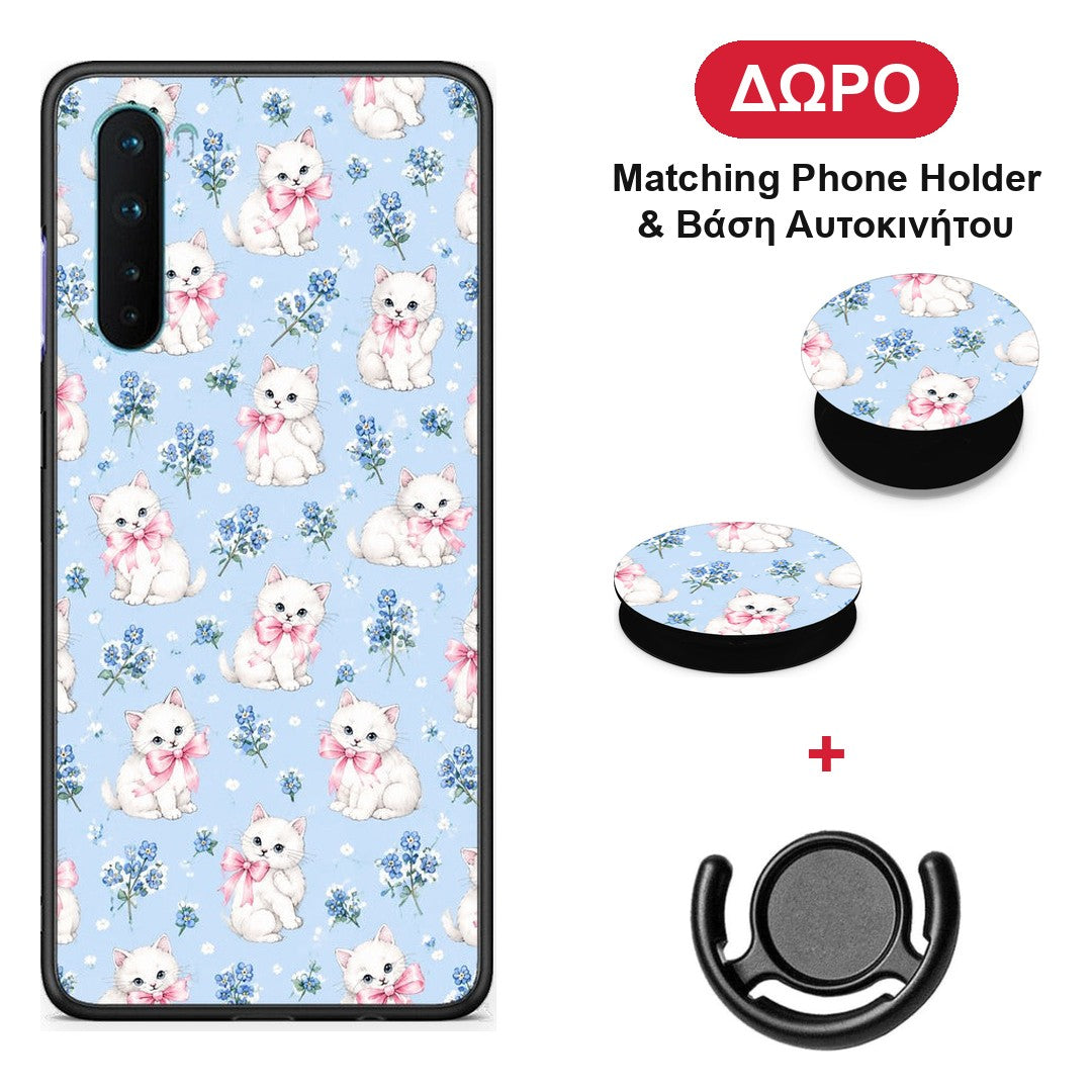 White Kittens and Blue Flowers Small - OnePlus Nord 5G θήκη + Δώρο Phone Holder & Βάση Αυτοκινήτου