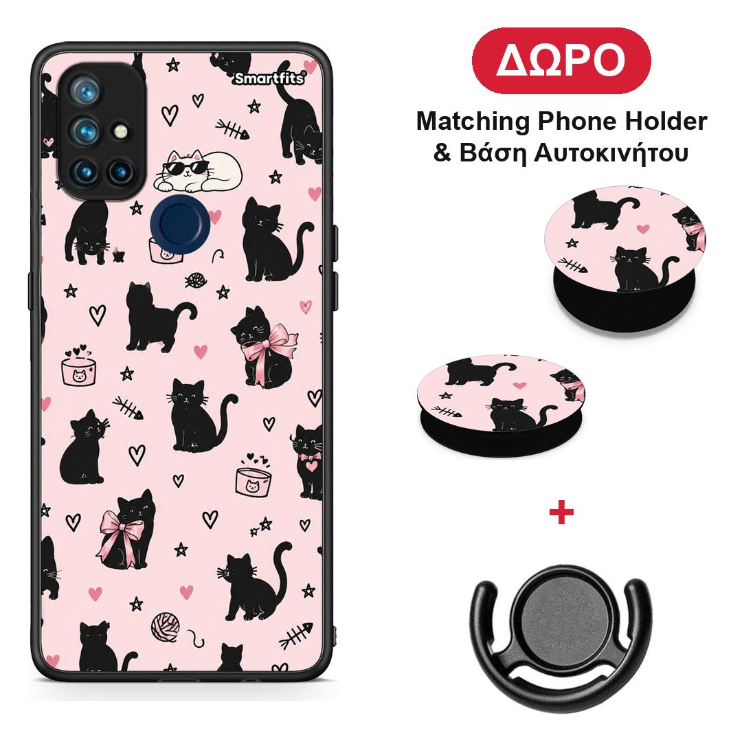 Black Cat Doodles on Pink - OnePlus Nord N10 5G θήκη + Δώρο Phone Holder & Βάση Αυτοκινήτου