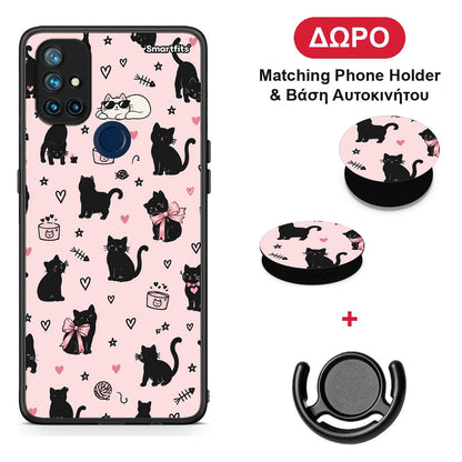 Black Cat Doodles on Pink - OnePlus Nord N10 5G θήκη + Δώρο Phone Holder & Βάση Αυτοκινήτου