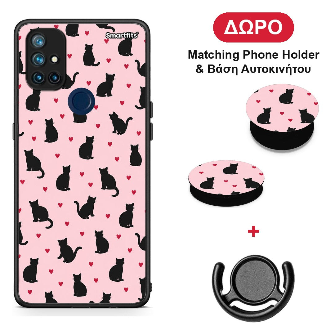 Black Cat Silhouettes and Hearts on Pink - OnePlus Nord N10 5G θήκη + Δώρο Phone Holder & Βάση Αυτοκινήτου