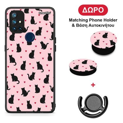 Black Cat Silhouettes and Hearts on Pink - OnePlus Nord N10 5G θήκη + Δώρο Phone Holder & Βάση Αυτοκινήτου