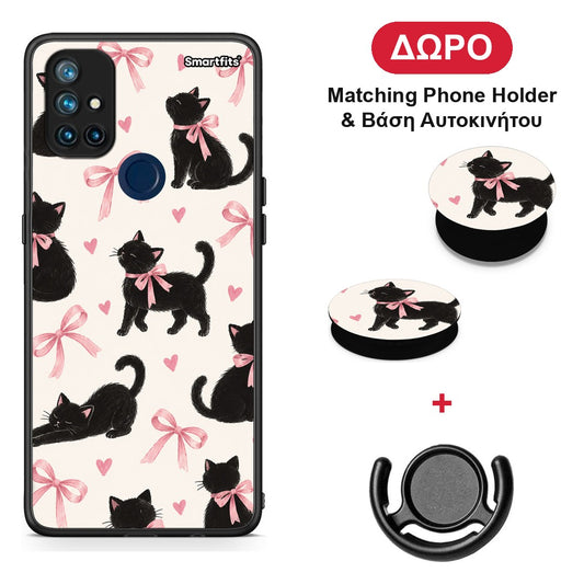 Black Kittens and Pink Bows on Cream Large - OnePlus Nord N10 5G θήκη + Δώρο Phone Holder & Βάση Αυτοκινήτου