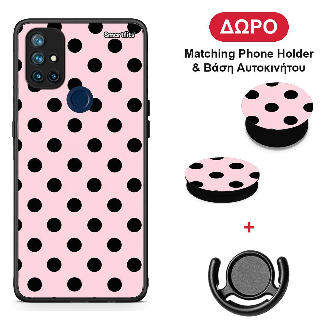 Black Polka Dots on Pink - OnePlus Nord N10 5G θήκη + Δώρο Phone Holder & Βάση Αυτοκινήτου