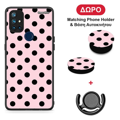Black Polka Dots on Pink - OnePlus Nord N10 5G θήκη + Δώρο Phone Holder & Βάση Αυτοκινήτου