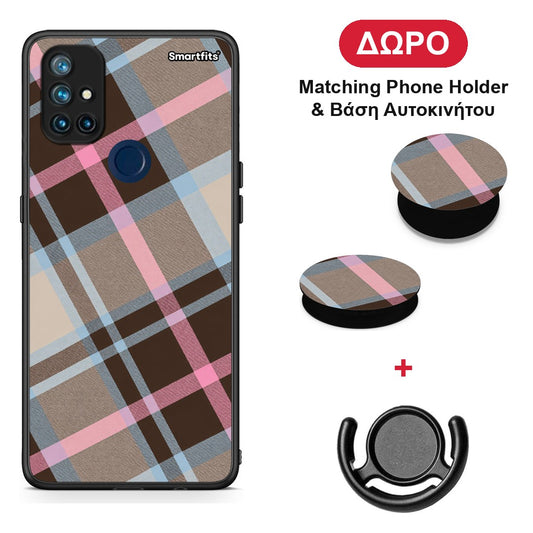 Brown Pink and Blue Diagonal Plaid - OnePlus Nord N10 5G θήκη + Δώρο Phone Holder & Βάση Αυτοκινήτου
