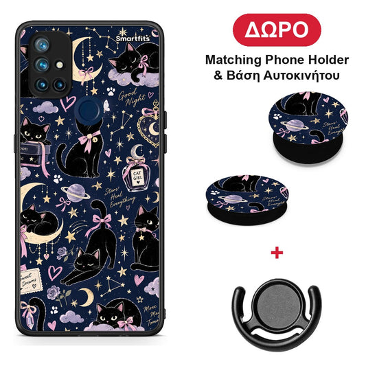 Celestial Black Cats on Navy - OnePlus Nord N10 5G θήκη + Δώρο Phone Holder & Βάση Αυτοκινήτου