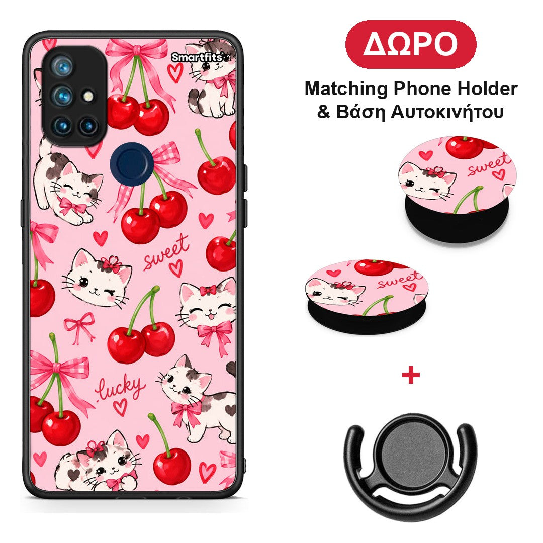 Cherries Bows and Kittens on Pink - OnePlus Nord N10 5G θήκη + Δώρο Phone Holder & Βάση Αυτοκινήτου