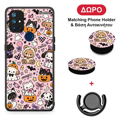Halloween Cute Animals on Pink - OnePlus Nord N10 5G θήκη + Δώρο Phone Holder & Βάση Αυτοκινήτου