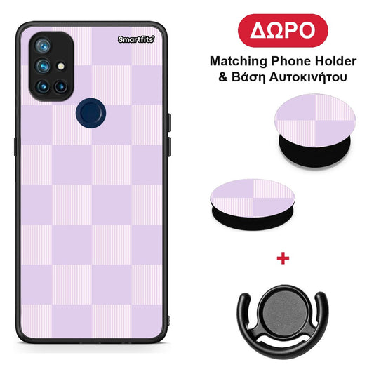Lilac and Cream Striped Checks - OnePlus Nord N10 5G θήκη + Δώρο Phone Holder & Βάση Αυτοκινήτου