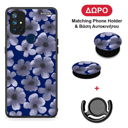 Pale Blue Flowers on Navy - OnePlus Nord N10 5G θήκη + Δώρο Phone Holder & Βάση Αυτοκινήτου