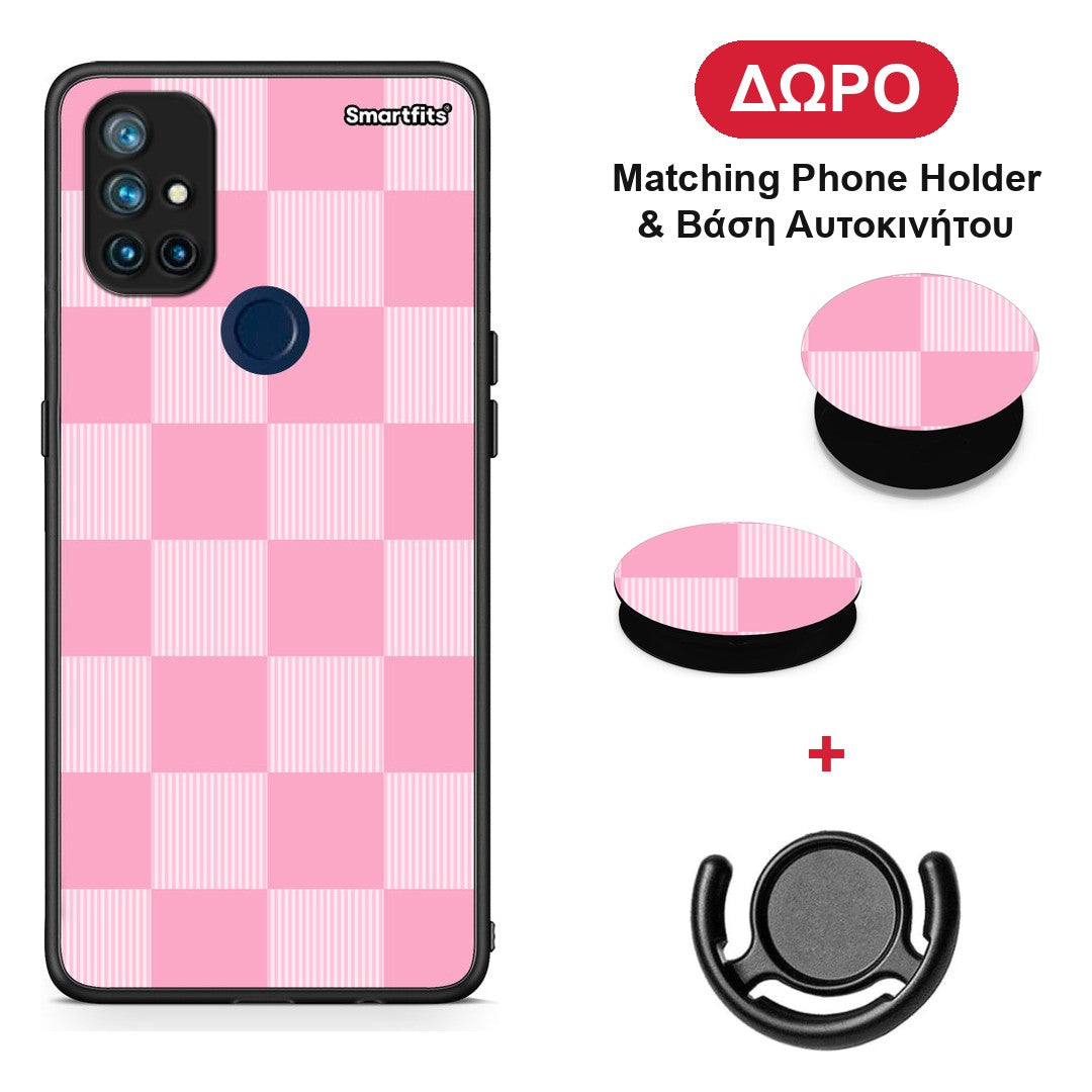 Pink and White Striped Checks - OnePlus Nord N10 5G θήκη + Δώρο Phone Holder & Βάση Αυτοκινήτου
