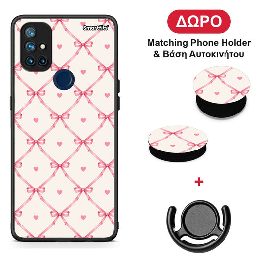 Pink Bow Lattice and Hearts on Cream - OnePlus Nord N10 5G θήκη + Δώρο Phone Holder & Βάση Αυτοκινήτου