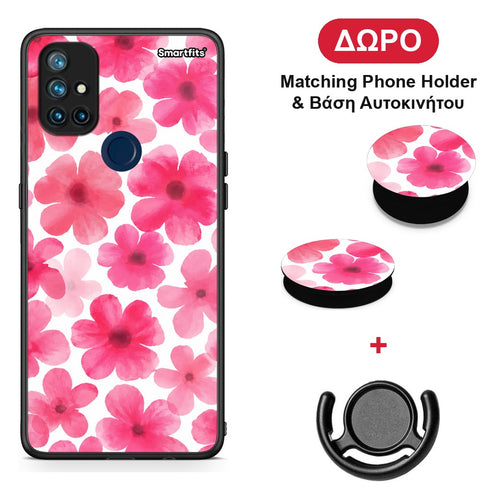 Pink Watercolour Flowers on White - OnePlus Nord N10 5G θήκη + Δώρο Phone Holder & Βάση Αυτοκινήτου