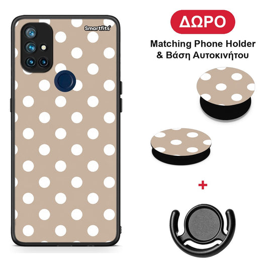 White Polka Dots on Taupe - OnePlus Nord N10 5G θήκη + Δώρο Phone Holder & Βάση Αυτοκινήτου