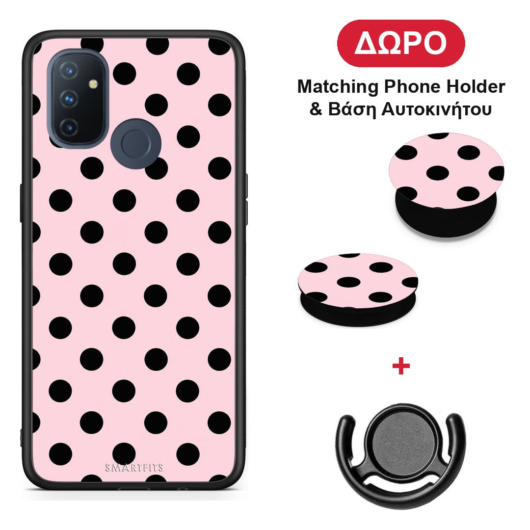 Black Polka Dots on Pink - OnePlus Nord N100 θήκη + Δώρο Phone Holder & Βάση Αυτοκινήτου