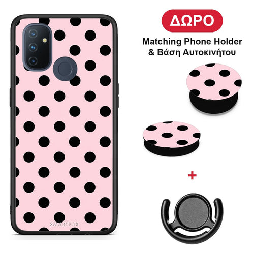 Black Polka Dots on Pink - OnePlus Nord N100 θήκη + Δώρο Phone Holder & Βάση Αυτοκινήτου