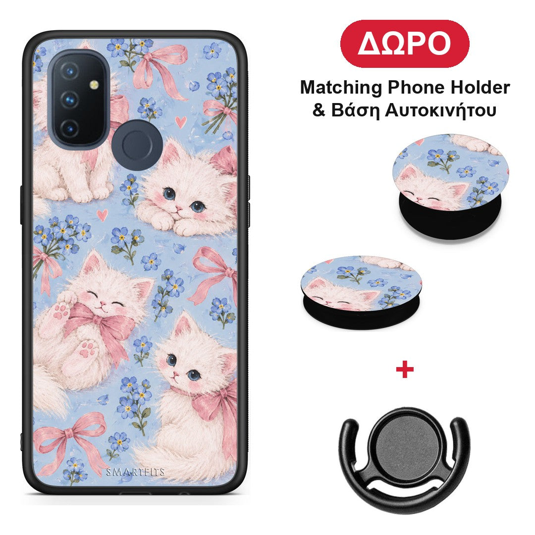 White Kittens and Blue Flowers Large - OnePlus Nord N100 θήκη + Δώρο Phone Holder & Βάση Αυτοκινήτου