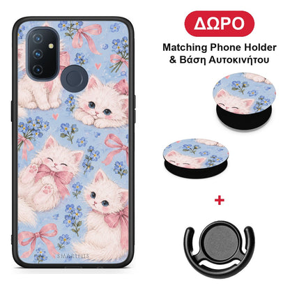 White Kittens and Blue Flowers Large - OnePlus Nord N100 θήκη + Δώρο Phone Holder & Βάση Αυτοκινήτου
