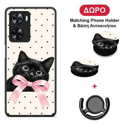 Black Kitten Pink Bow and Polka Dots - OnePlus Nord N20 SE θήκη + Δώρο Phone Holder & Βάση Αυτοκινήτου