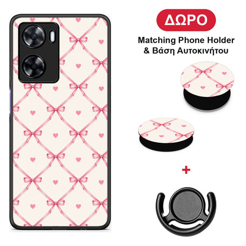 Pink Bow Lattice and Hearts on Cream - OnePlus Nord N20 SE θήκη + Δώρο Phone Holder & Βάση Αυτοκινήτου