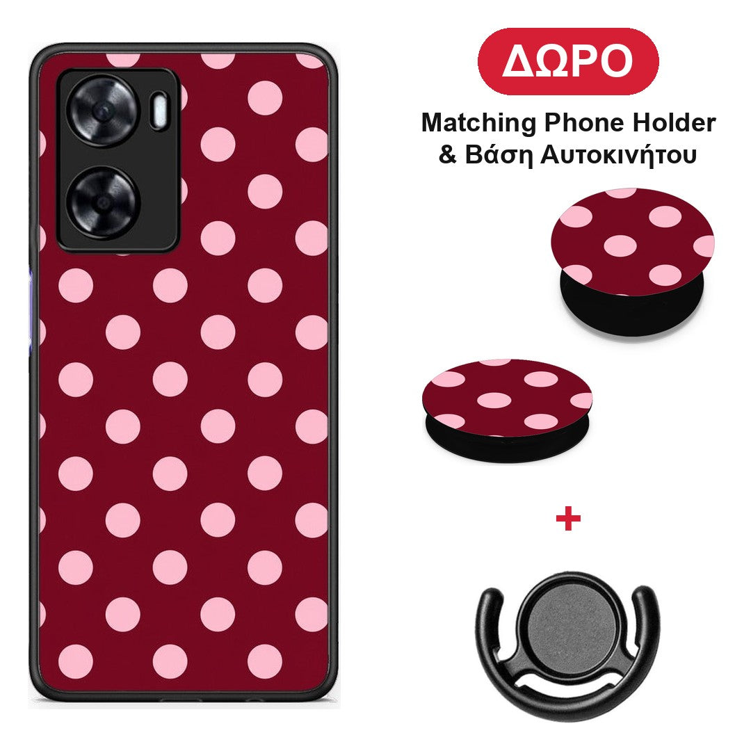 Pink Polka Dots on Burgundy - OnePlus Nord N20 SE θήκη + Δώρο Phone Holder & Βάση Αυτοκινήτου