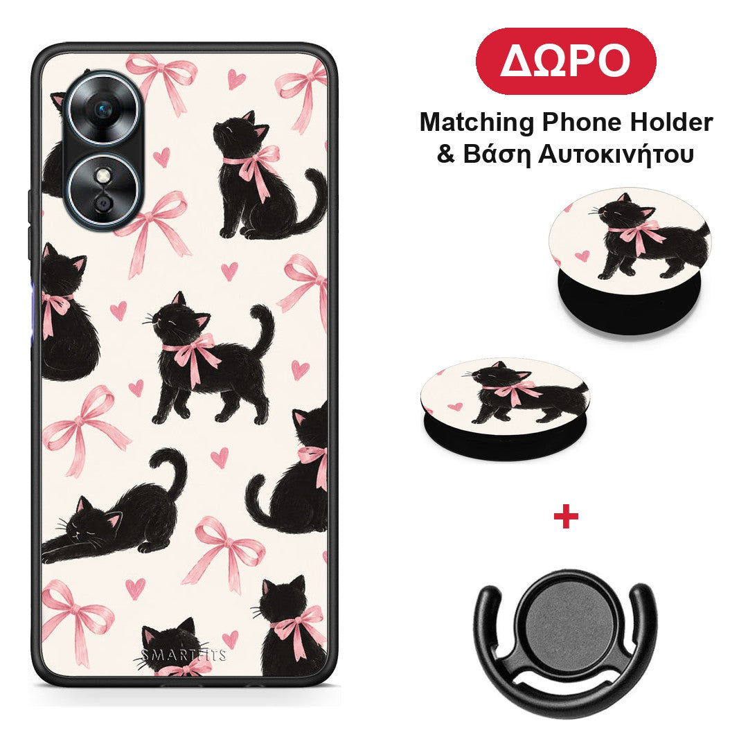 Black Kittens and Pink Bows on Cream Large - Oppo A17 θήκη + Δώρο Phone Holder & Βάση Αυτοκινήτου