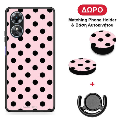 Black Polka Dots on Pink - Oppo A17 θήκη + Δώρο Phone Holder & Βάση Αυτοκινήτου