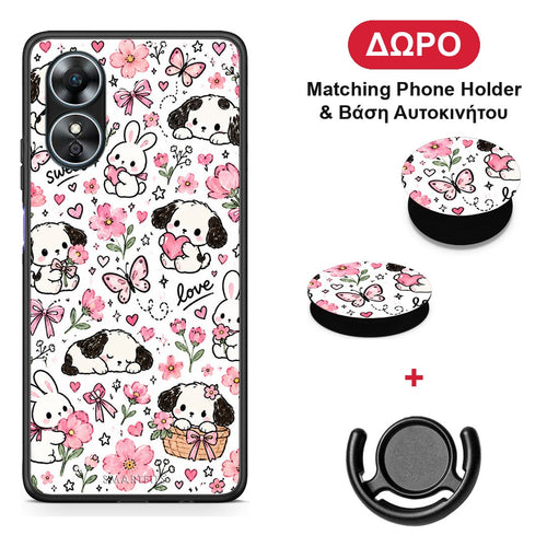 Pink Florals Puppies and Bunnies on White - Oppo A17 θήκη + Δώρο Phone Holder & Βάση Αυτοκινήτου