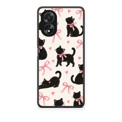 Θήκη Oppo A18 Black Kittens and Pink Bows on Cream Large από τη Smartfits με σχέδιο στο πίσω μέρος και μαύρο περίβλημα | Oppo A18 Black Kittens and Pink Bows on Cream Large case with colorful back and black bezels