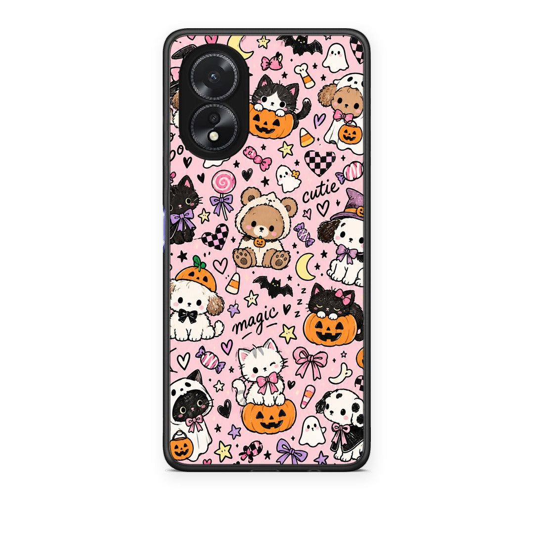 Θήκη Oppo A18 Halloween Cute Animals on Pink από τη Smartfits με σχέδιο στο πίσω μέρος και μαύρο περίβλημα | Oppo A18 Halloween Cute Animals on Pink case with colorful back and black bezels