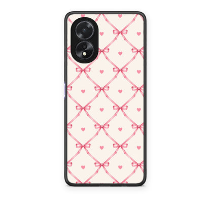 Θήκη Oppo A18 Pink Bow Lattice and Hearts on Cream από τη Smartfits με σχέδιο στο πίσω μέρος και μαύρο περίβλημα | Oppo A18 Pink Bow Lattice and Hearts on Cream case with colorful back and black bezels