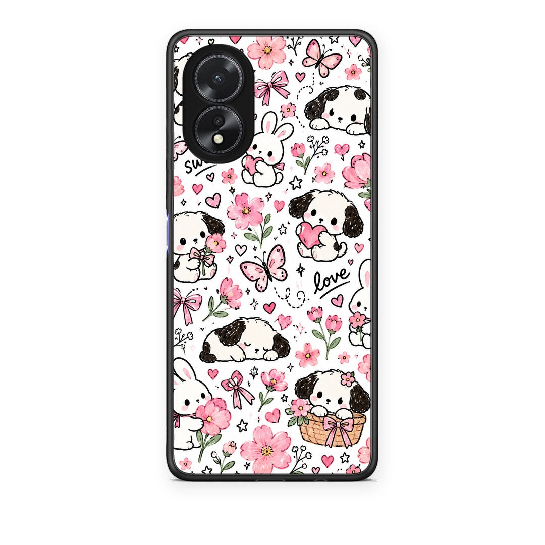 Θήκη Oppo A18 Pink Florals Puppies and Bunnies on White από τη Smartfits με σχέδιο στο πίσω μέρος και μαύρο περίβλημα | Oppo A18 Pink Florals Puppies and Bunnies on White case with colorful back and black bezels