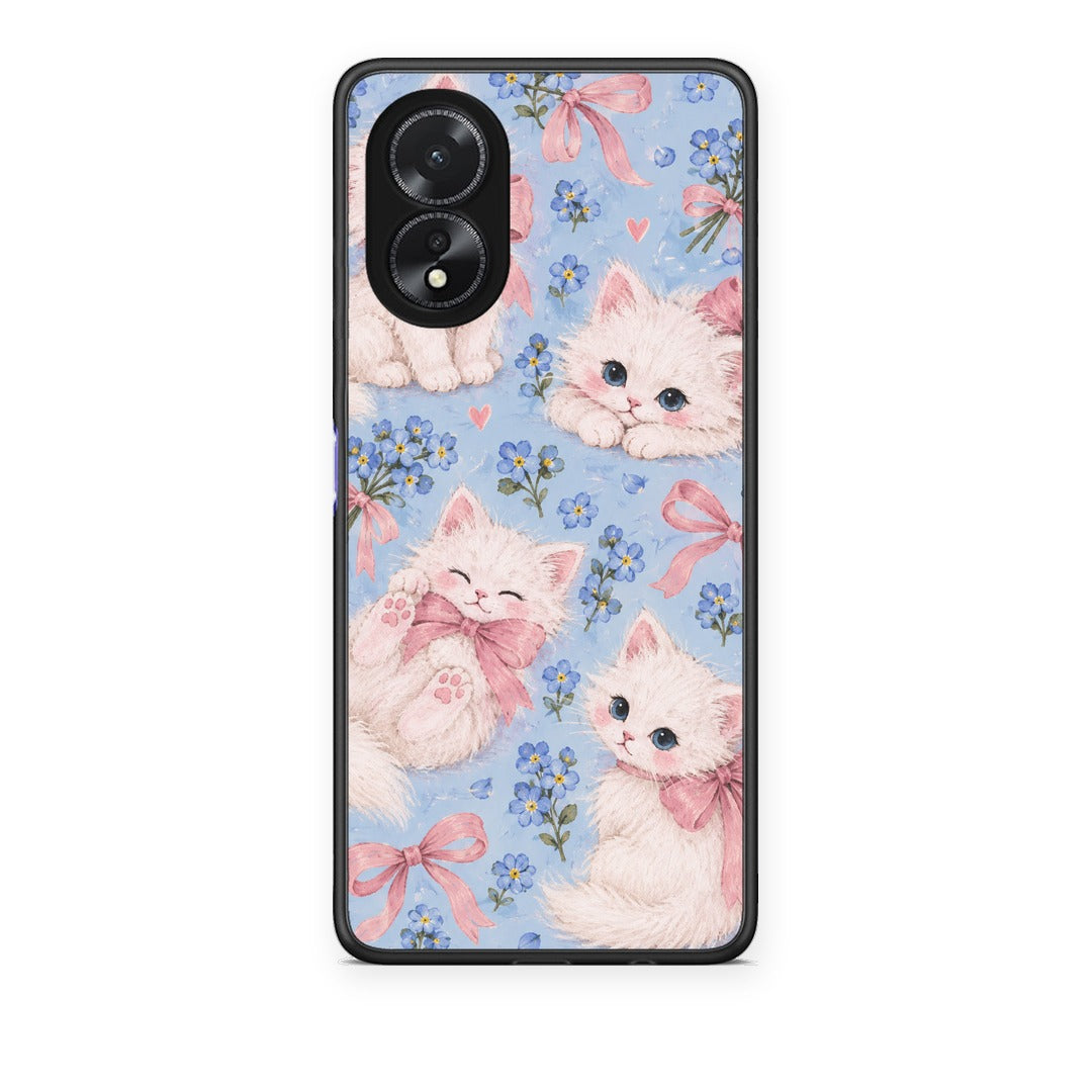 Θήκη Oppo A18 White Kittens and Blue Flowers Large από τη Smartfits με σχέδιο στο πίσω μέρος και μαύρο περίβλημα | Oppo A18 White Kittens and Blue Flowers Large case with colorful back and black bezels