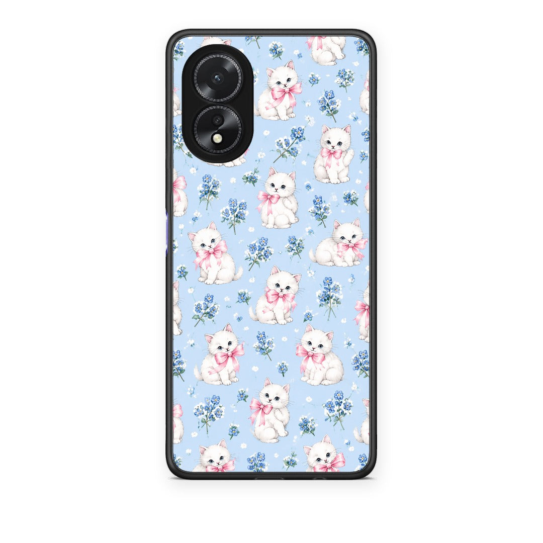 Θήκη Oppo A18 White Kittens and Blue Flowers Small από τη Smartfits με σχέδιο στο πίσω μέρος και μαύρο περίβλημα | Oppo A18 White Kittens and Blue Flowers Small case with colorful back and black bezels