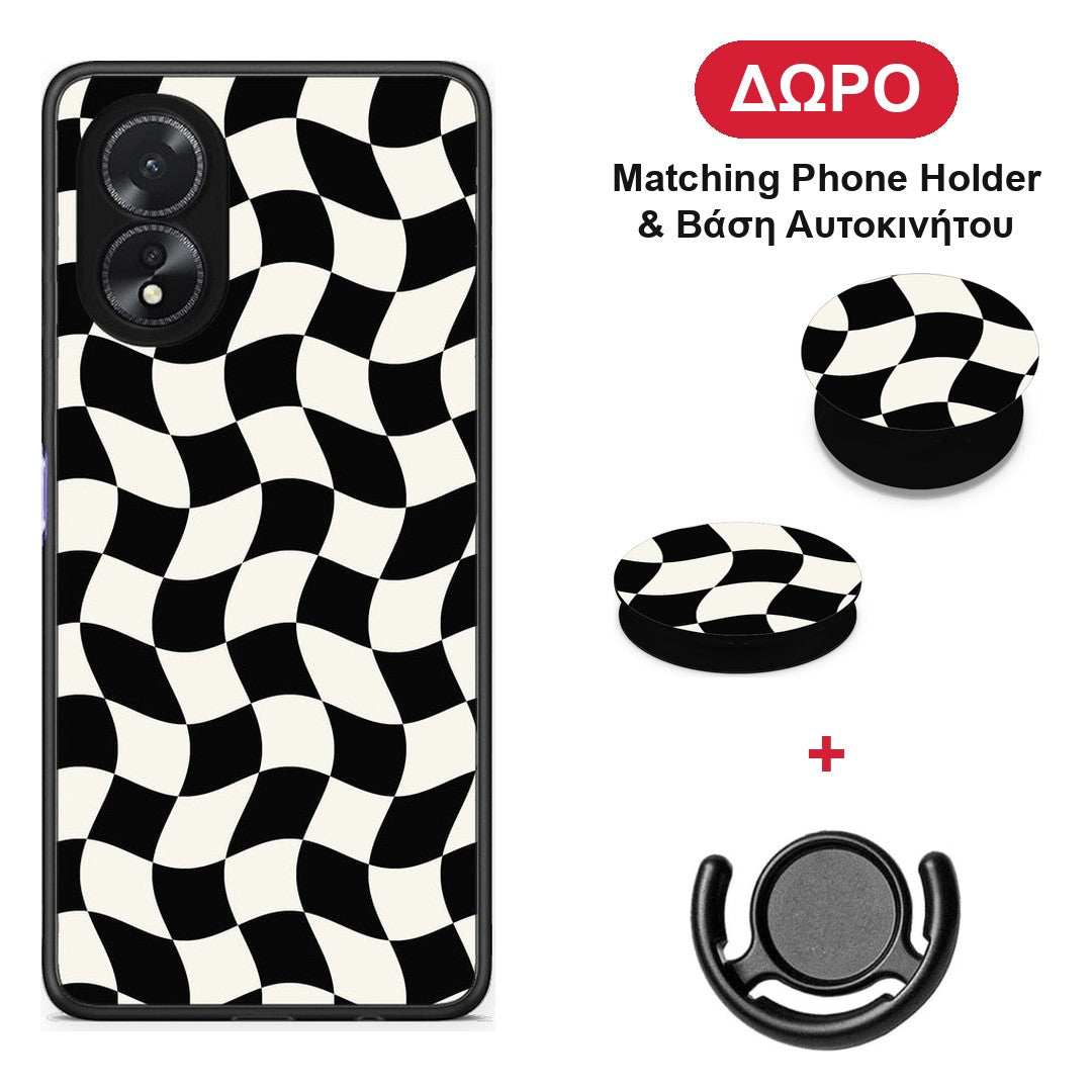 Black and Cream Wavy Checkerboard - Oppo A18 θήκη + Δώρο Phone Holder & Βάση Αυτοκινήτου