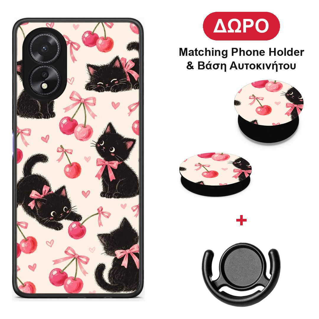 Black Kittens and Cherries on Cream - Oppo A18 θήκη + Δώρο Phone Holder & Βάση Αυτοκινήτου