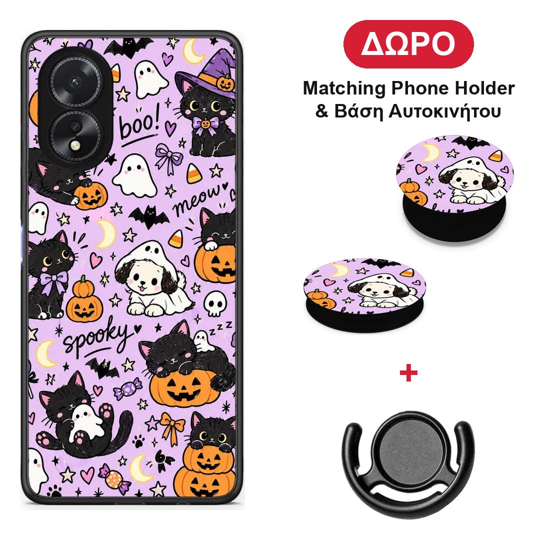 Halloween Black Cats on Lilac - Oppo A18 θήκη + Δώρο Phone Holder & Βάση Αυτοκινήτου
