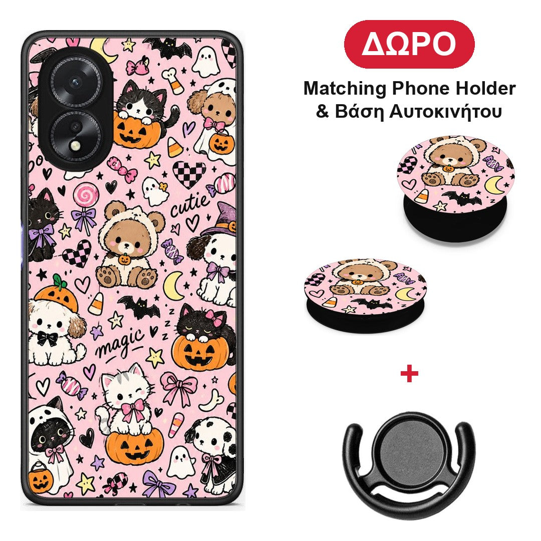 Halloween Cute Animals on Pink - Oppo A18 θήκη + Δώρο Phone Holder & Βάση Αυτοκινήτου