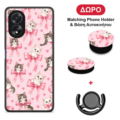 Kittens and Pink Bows on Pink - Oppo A18 θήκη + Δώρο Phone Holder & Βάση Αυτοκινήτου