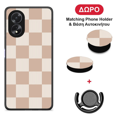 Latte and Cream Striped Checks - Oppo A18 θήκη + Δώρο Phone Holder & Βάση Αυτοκινήτου