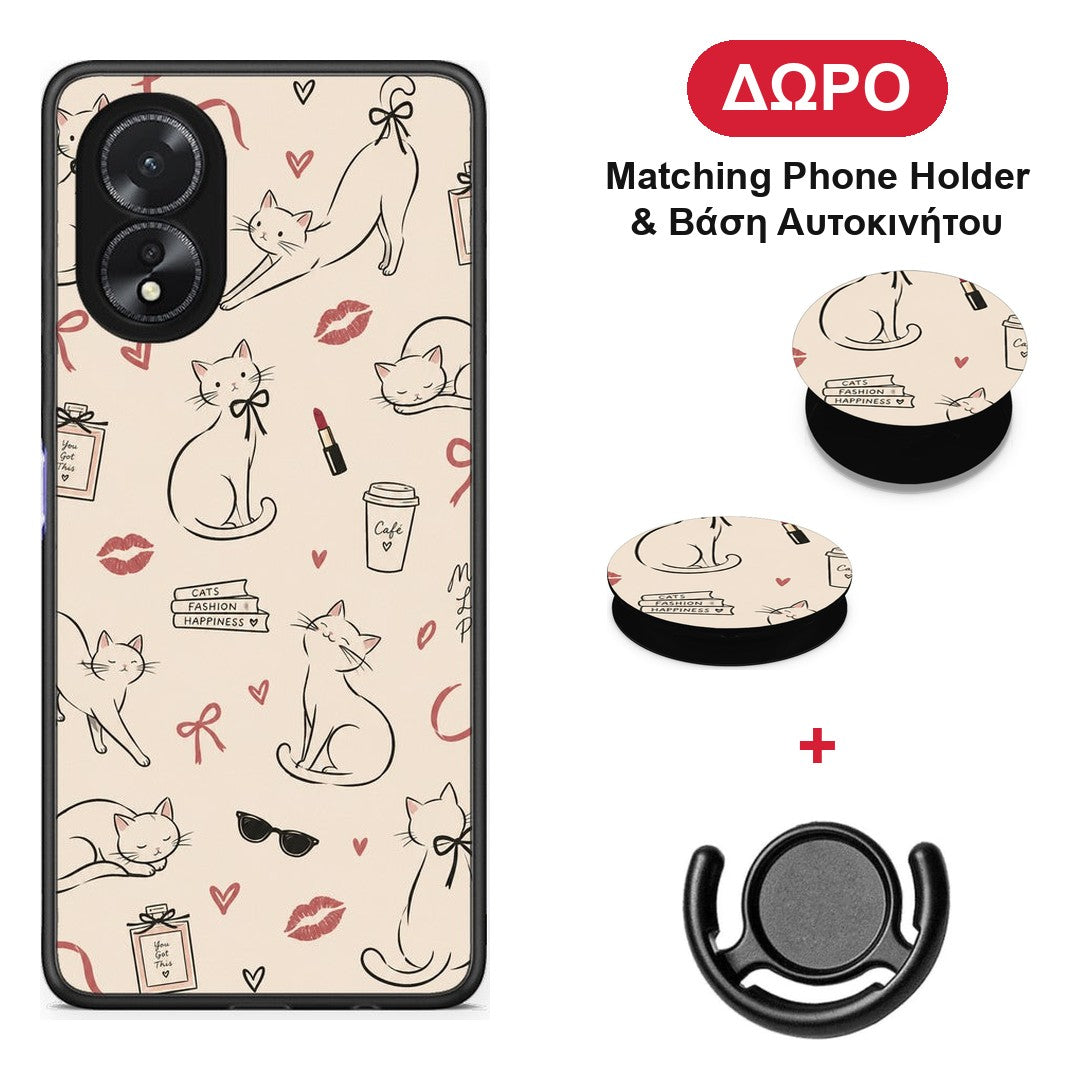 Minimal Cat and Fashion Doodles on Cream - Oppo A18 θήκη + Δώρο Phone Holder & Βάση Αυτοκινήτου