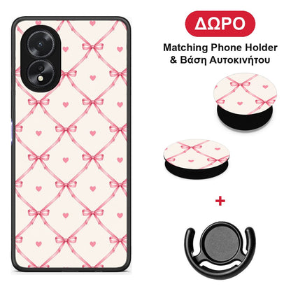 Pink Bow Lattice and Hearts on Cream - Oppo A18 θήκη + Δώρο Phone Holder & Βάση Αυτοκινήτου
