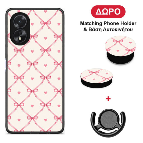 Pink Bow Lattice and Hearts on Cream - Oppo A18 θήκη + Δώρο Phone Holder & Βάση Αυτοκινήτου