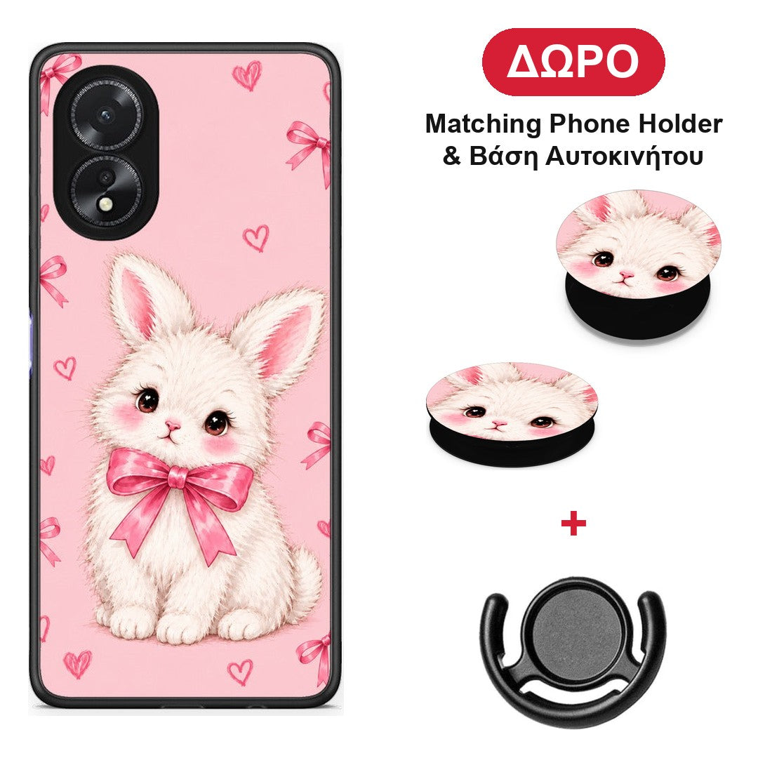 White Bunny and Pink Bows - Oppo A18 θήκη + Δώρο Phone Holder & Βάση Αυτοκινήτου