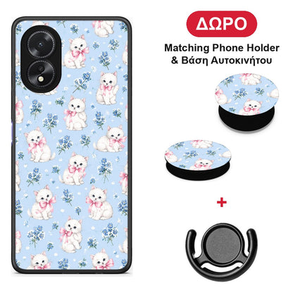 White Kittens and Blue Flowers Small - Oppo A18 θήκη + Δώρο Phone Holder & Βάση Αυτοκινήτου