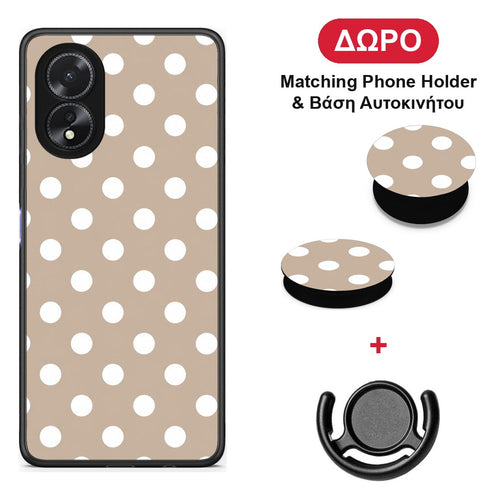 White Polka Dots on Taupe - Oppo A18 θήκη + Δώρο Phone Holder & Βάση Αυτοκινήτου