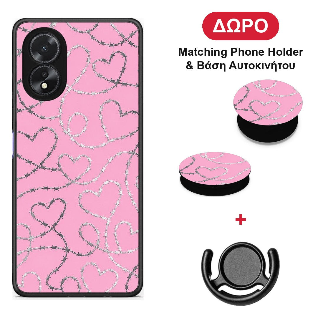 Barbed Wire Hearts on Pink - Oppo A38 θήκη + Δώρο Phone Holder & Βάση Αυτοκινήτου