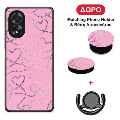 Barbed Wire Hearts on Pink - Oppo A38 θήκη + Δώρο Phone Holder & Βάση Αυτοκινήτου